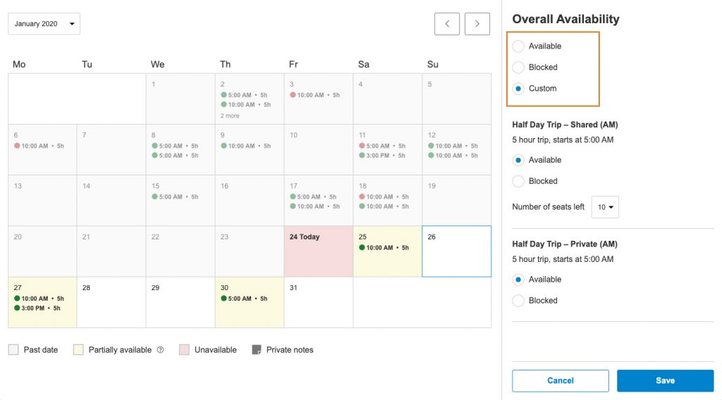 Calendar view with highlight on three availability options: available, blocked, or custom