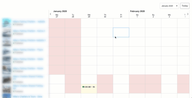 Gif displaying moving through multicalendar and blocking off a date for 15 listings at a time