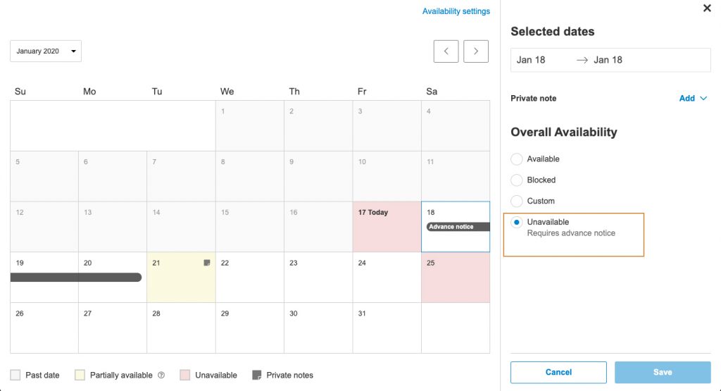 Calendar screenshot with highlight on advance notice bar rendering day unavailable